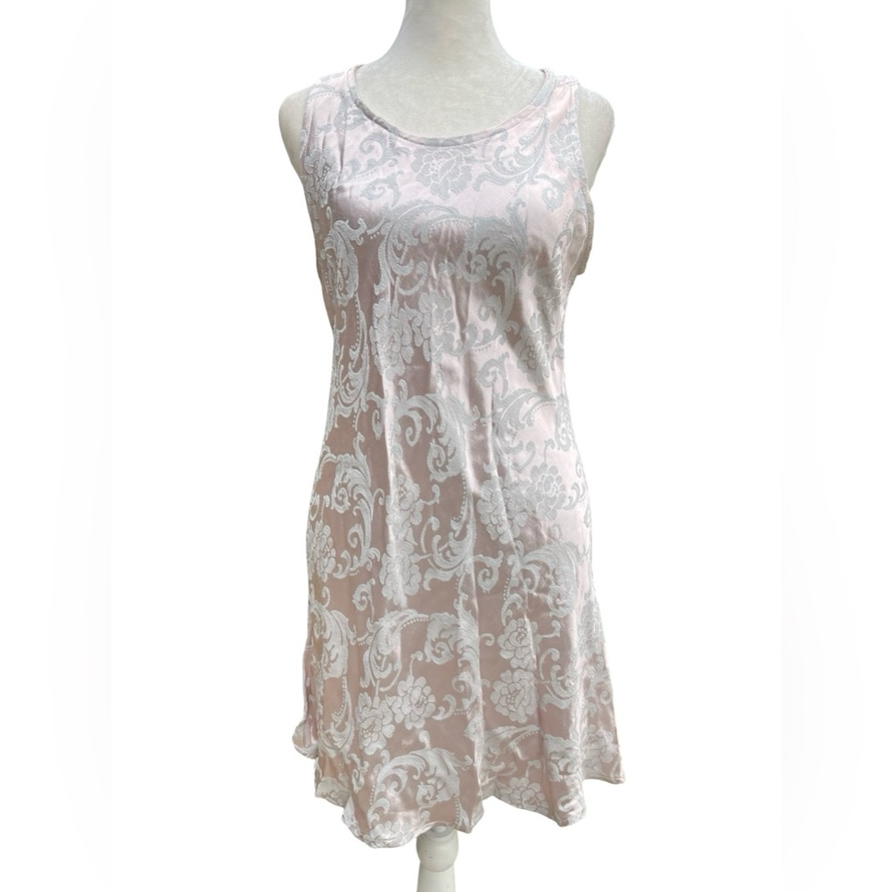 VTG 90s ROBERTA Brocade Floral Dress Silver-Pink‎ 3/4 Made in USA Retro Glam Y2K
